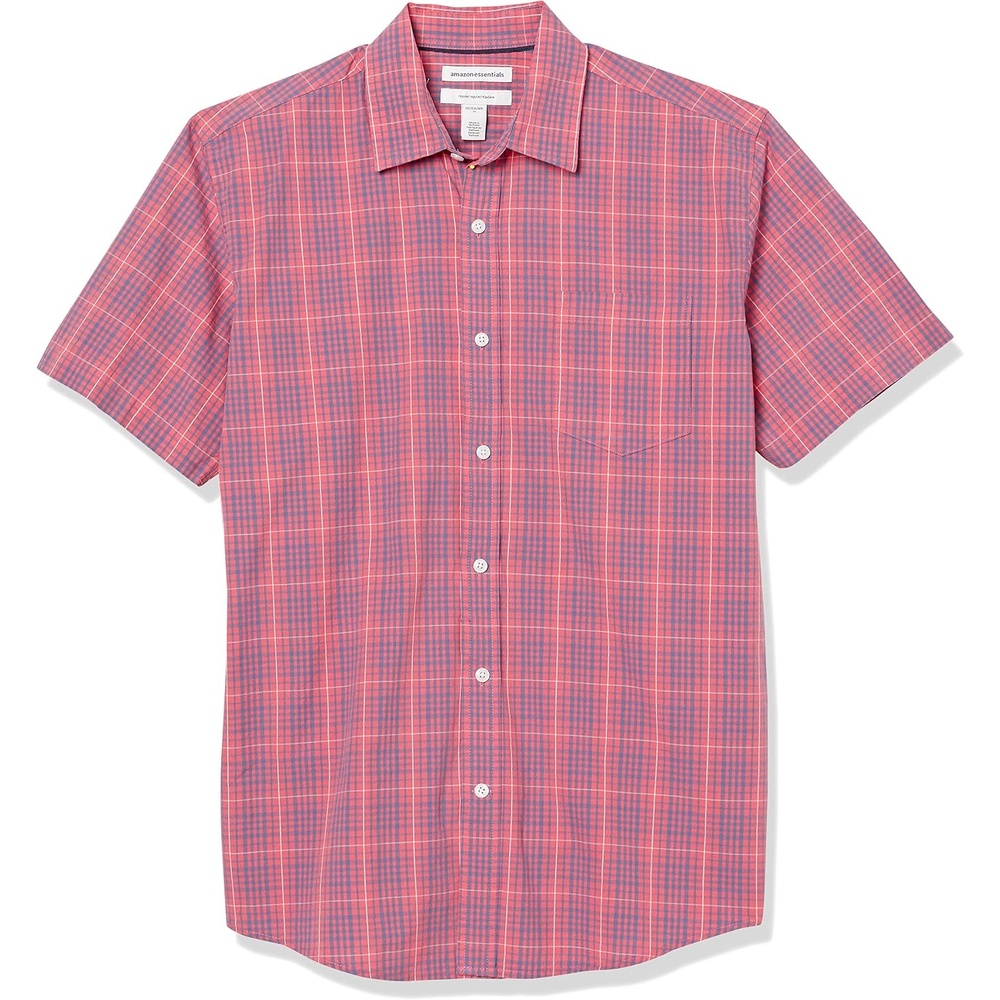 image:imageAmazon Essentials Mens RegularFit ShortSleeve Poplin Shirt Collared WashedWashed RedBlue Plaid