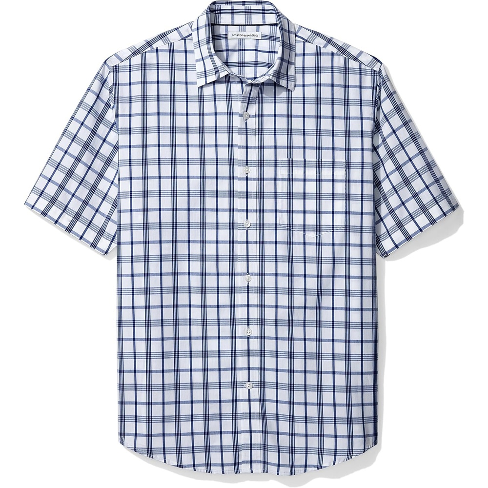 image:imageAmazon Essentials Mens RegularFit ShortSleeve Poplin Shirt Collared WashedWhiteBlue Plaid