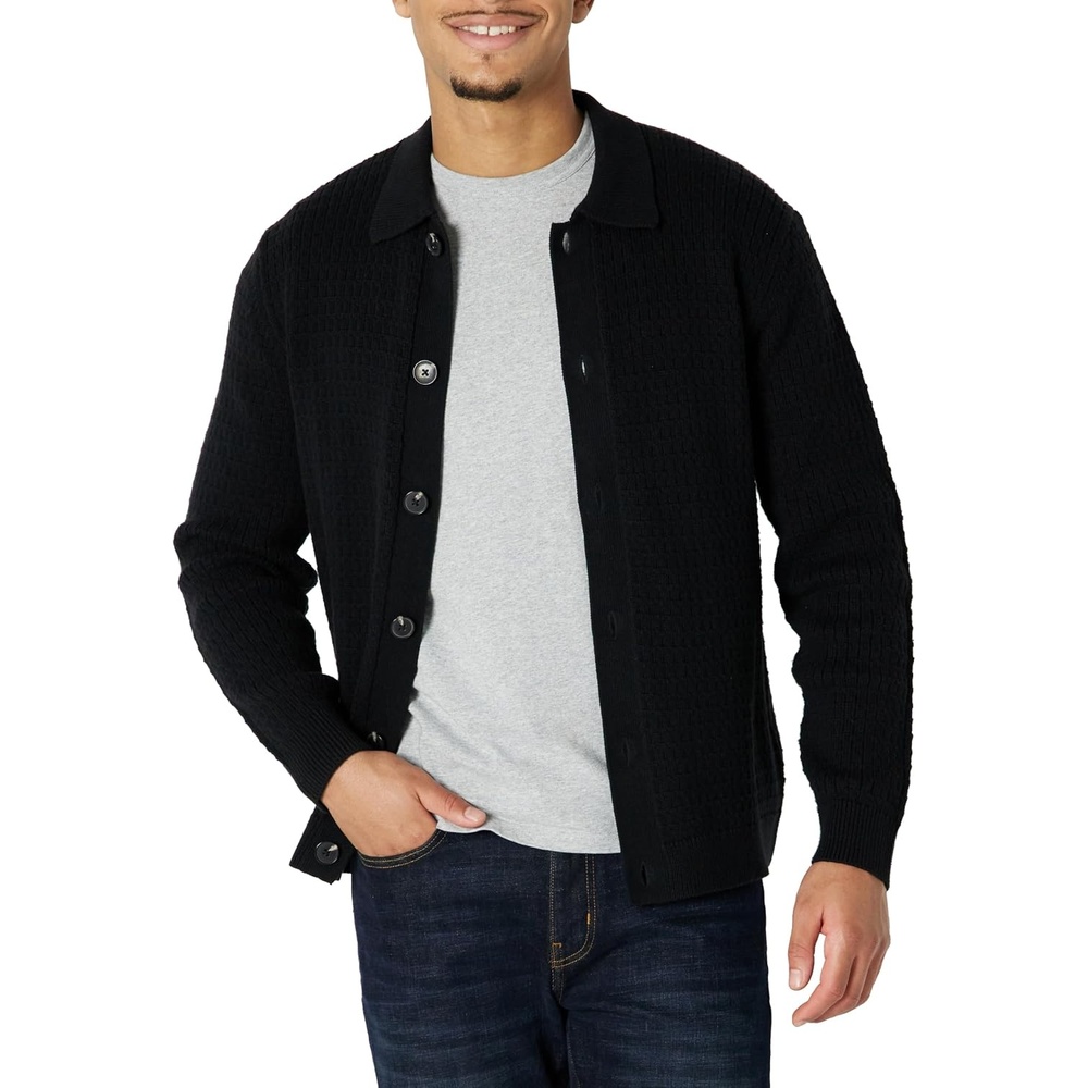 image:imageAmazon Essentials Mens RelaxedFit Collared Cardigan SweaterBlack