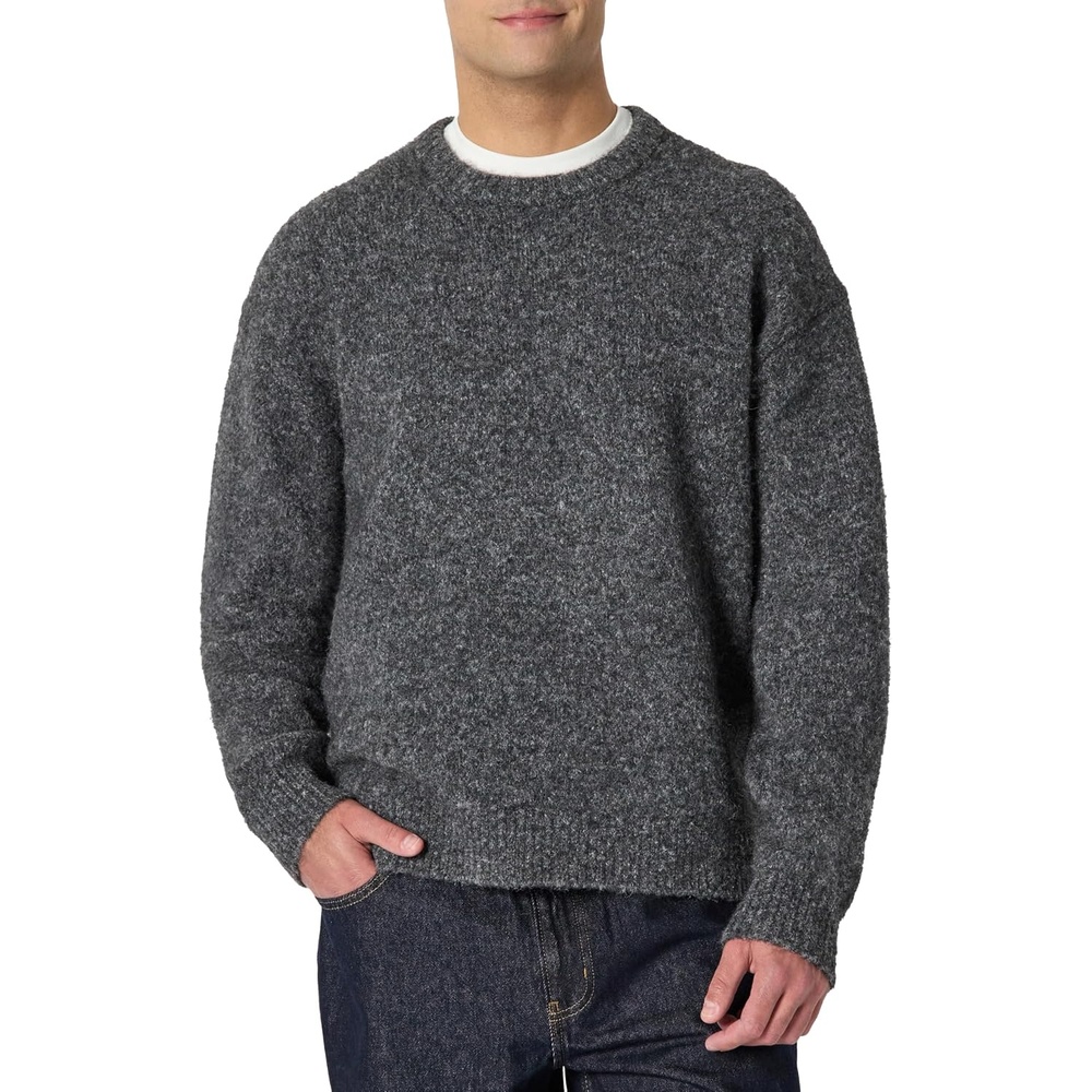 image:imageAmazon Essentials Mens RelaxedFit Faux Mohair Crewneck Pullover Sweater Ribbed Wool Blend HeavyweightCharcoal Heather