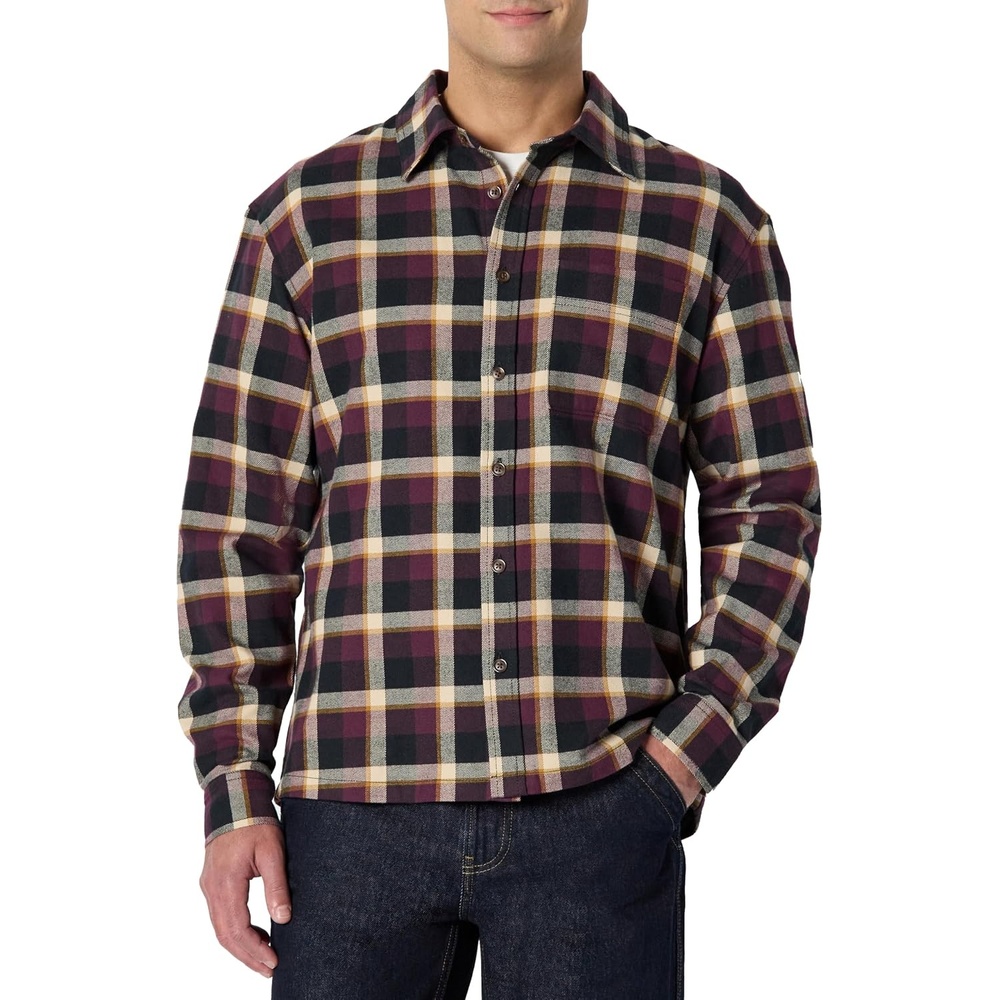 image:imageAmazon Essentials Mens RelaxedFit LongSleeve Flannel Shirt with Button Front Closure Spread Collar Chest PocketDark Burgundy Black Check Plaid
