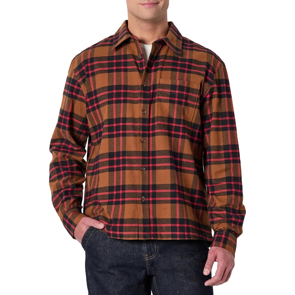 image:imageAmazon Essentials Mens RelaxedFit LongSleeve Flannel Shirt with Button Front Closure Spread Collar Chest PocketDark Chestnut Brown Red Simple Plaid
