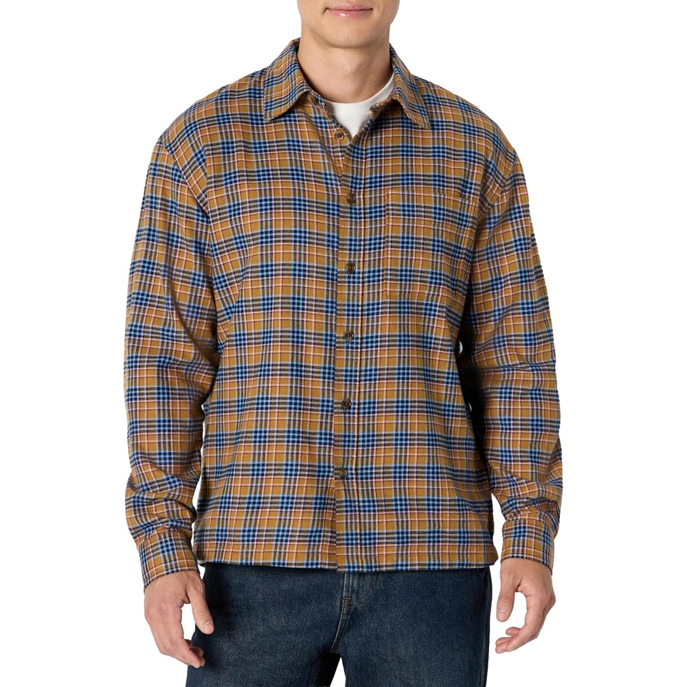 image:imageAmazon Essentials Mens RelaxedFit LongSleeve Flannel Shirt with Button Front Closure Spread Collar Chest PocketDark Khaki Blue Houndstooth Plaid