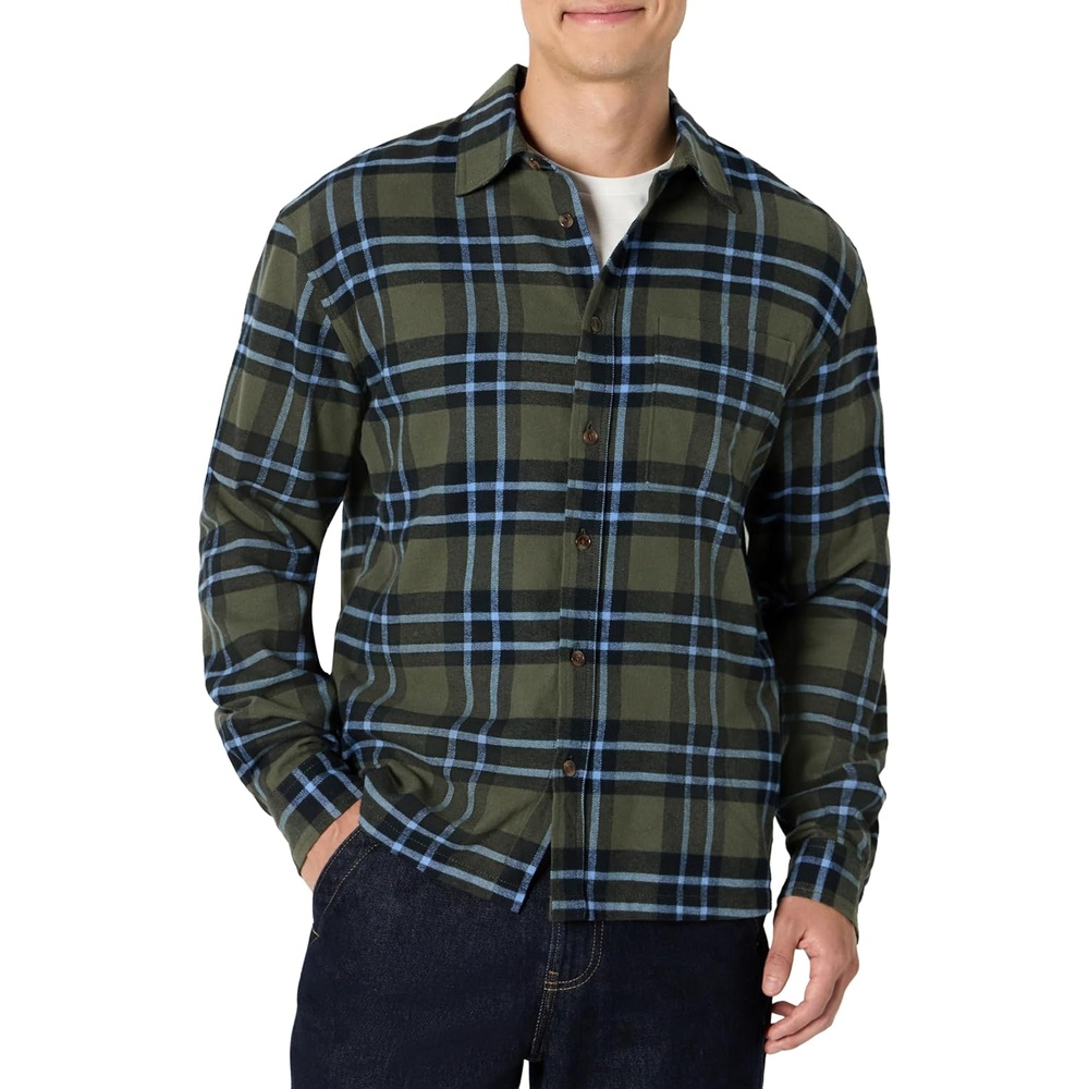 image:imageAmazon Essentials Mens RelaxedFit LongSleeve Flannel Shirt with Button Front Closure Spread Collar Chest PocketDark Olive Blue Simple Plaid