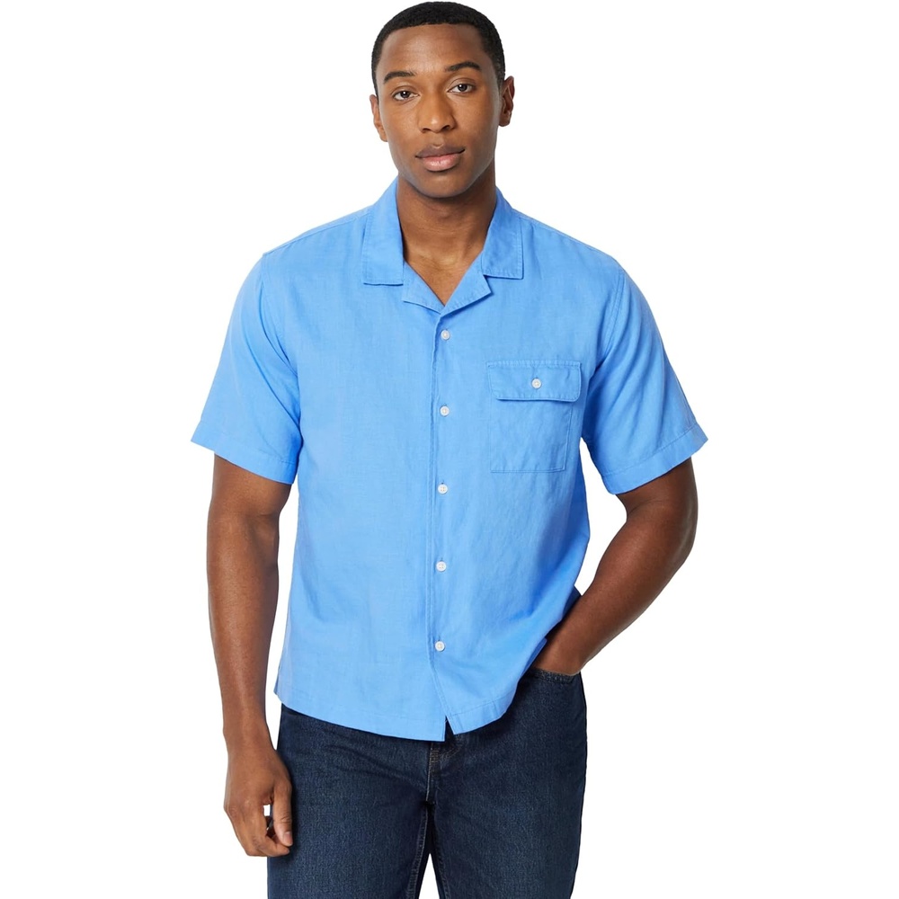 image:imageAmazon Essentials Mens RelaxedFit Short Sleeve Linen Blend ShirtBlue