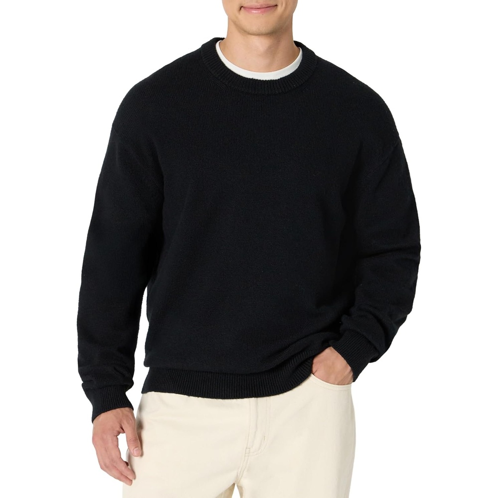 image:imageAmazon Essentials Mens RelaxedFit Soft Cotton Blend Textured Crewneck Pullover Sweater RibbedBlack