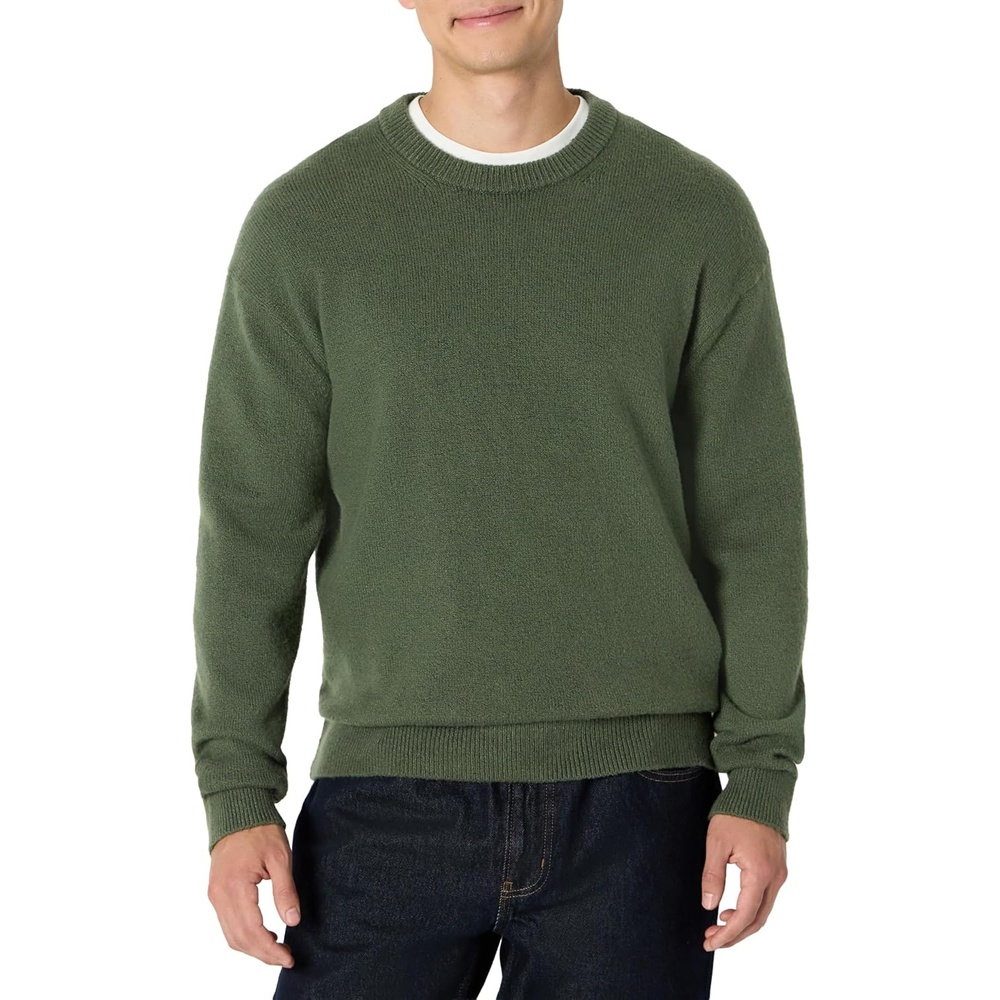 image:imageAmazon Essentials Mens RelaxedFit Soft Cotton Blend Textured Crewneck Pullover Sweater RibbedDark Olive