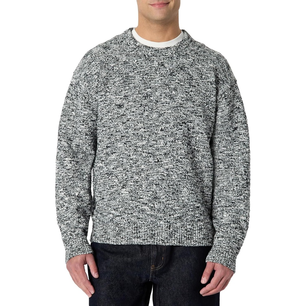 image:imageAmazon Essentials Mens RelaxedFit TwoTone Heavyweight Crewneck Pullover Sweater Wool BlendBlack Marl