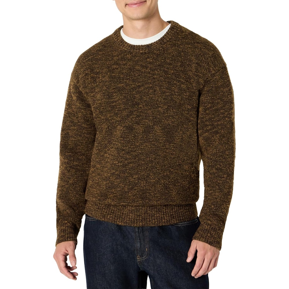 image:imageAmazon Essentials Mens RelaxedFit TwoTone Heavyweight Crewneck Pullover Sweater Wool BlendDark Brown Marl