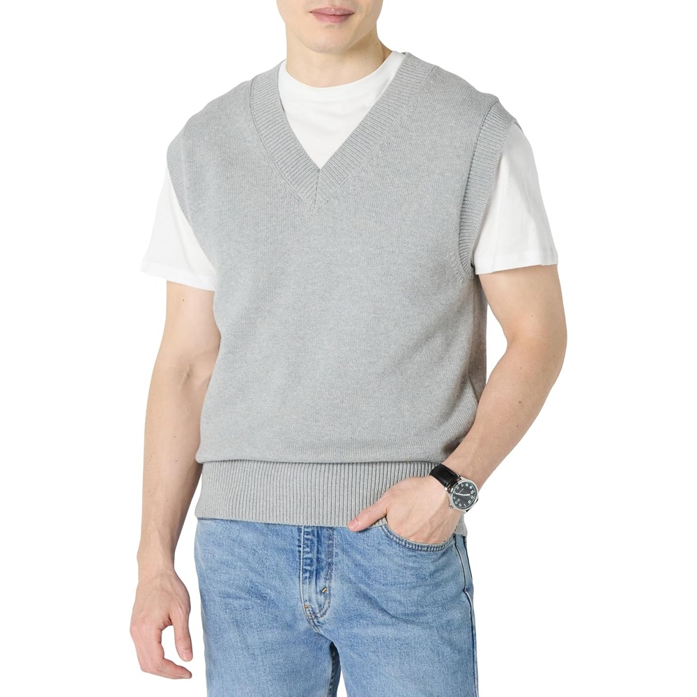 image:imageAmazon Essentials Mens RelaxedFit VNeck Sweater Vest PulloverMedium Grey Heather
