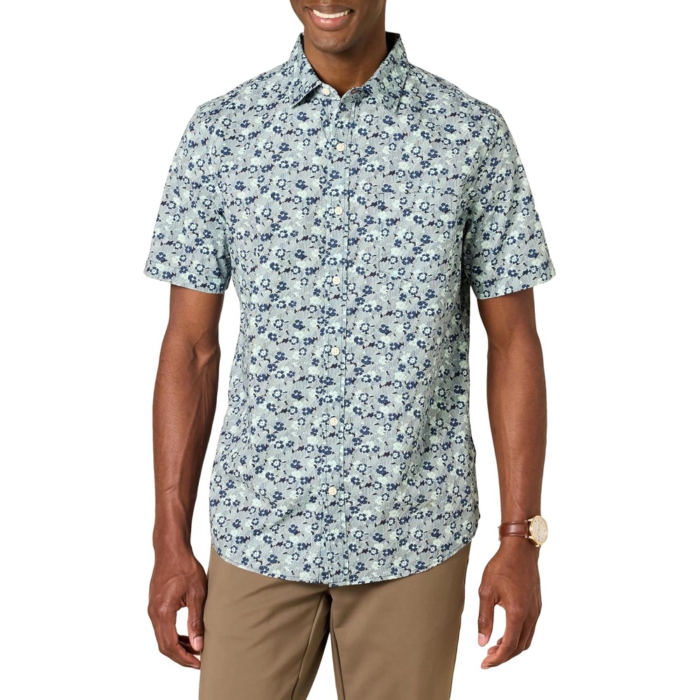image:imageAmazon Essentials Mens Short Sleeve Dress Shirt with Stretch Charcoal White Vertical Stripe Available in Big amp TallBlue Sketch Floral Print