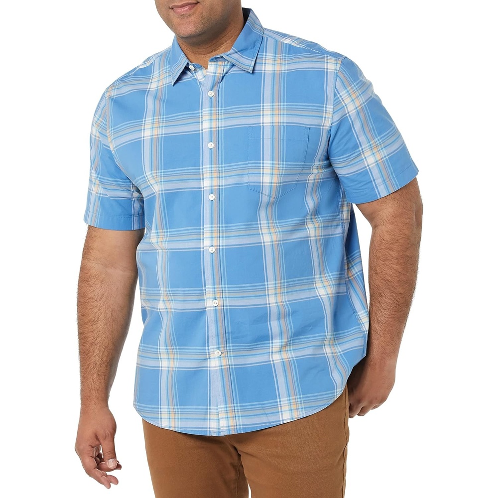 image:imageAmazon Essentials Mens Short Sleeve Dress Shirt with Stretch Charcoal White Vertical Stripe Available in Big amp TallLight BlueIndigo Plaid