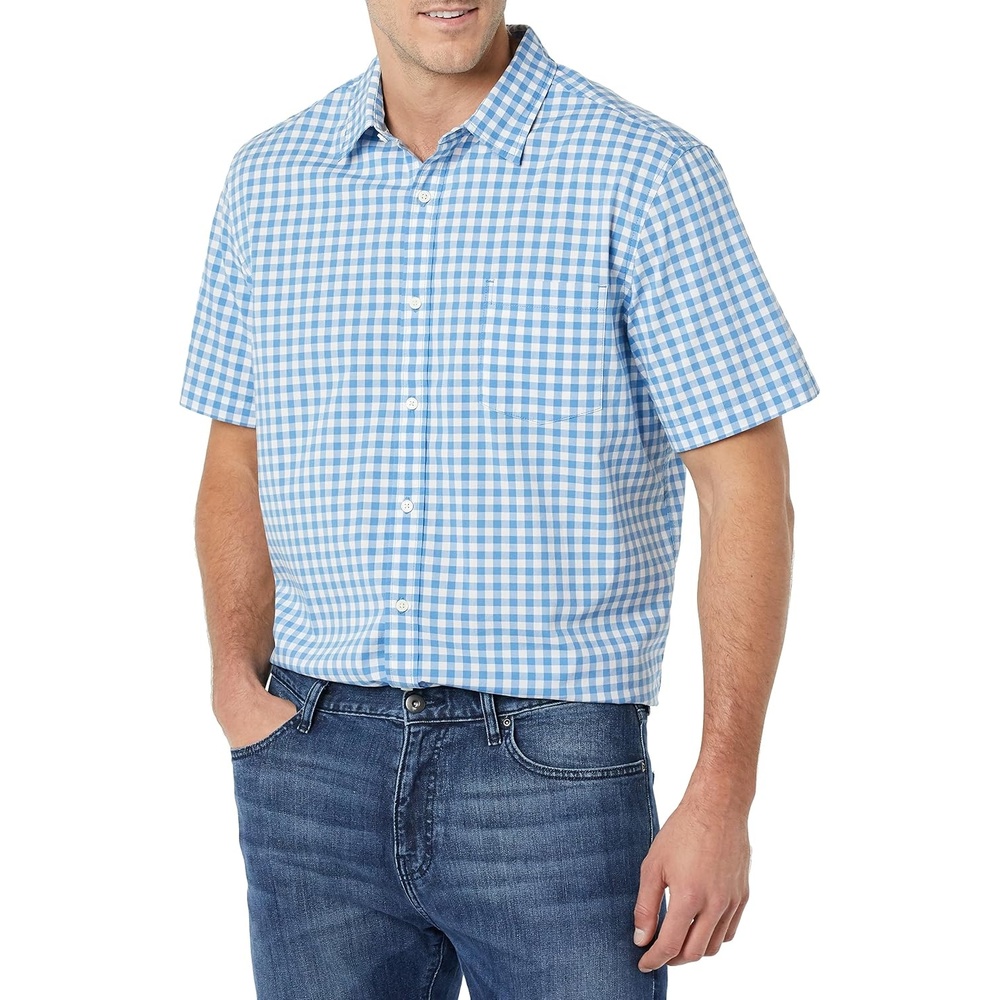 image:imageAmazon Essentials Mens Short Sleeve Dress Shirt with Stretch Charcoal White Vertical Stripe Available in Big amp TallLight BlueWhite Gingham
