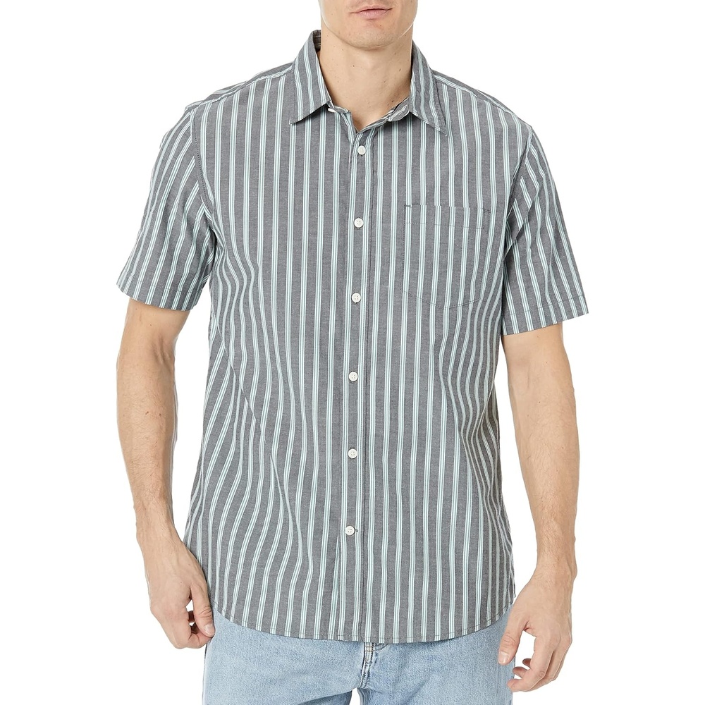 image:imageAmazon Essentials Mens Short Sleeve Dress Shirt with Stretch Charcoal White Vertical Stripe Available in Big amp TallNavy Awning Stripe