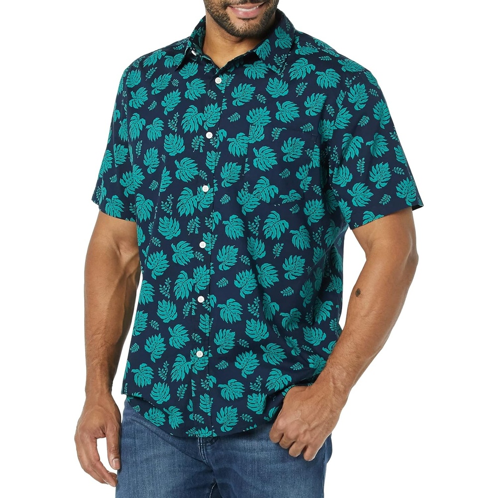 image:imageAmazon Essentials Mens Short Sleeve Dress Shirt with Stretch Charcoal White Vertical Stripe Available in Big amp TallNavyTeal Blue Palm Leaf