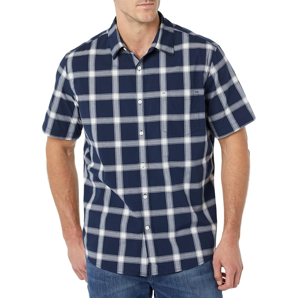 image:imageAmazon Essentials Mens Short Sleeve Dress Shirt with Stretch Charcoal White Vertical Stripe Available in Big amp TallNavyWhite Buffalo Plaid