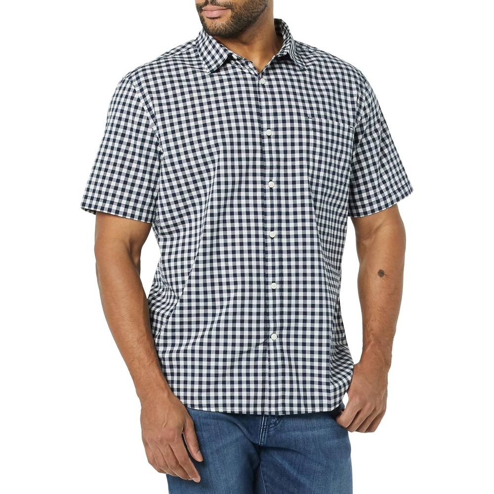 image:imageAmazon Essentials Mens Short Sleeve Dress Shirt with Stretch Charcoal White Vertical Stripe Available in Big amp TallNavyWhite Gingham