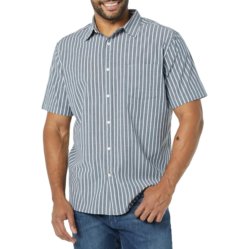 image:imageAmazon Essentials Mens Short Sleeve Dress Shirt with Stretch Charcoal White Vertical Stripe Available in Big amp TallNavyWhite Stripe