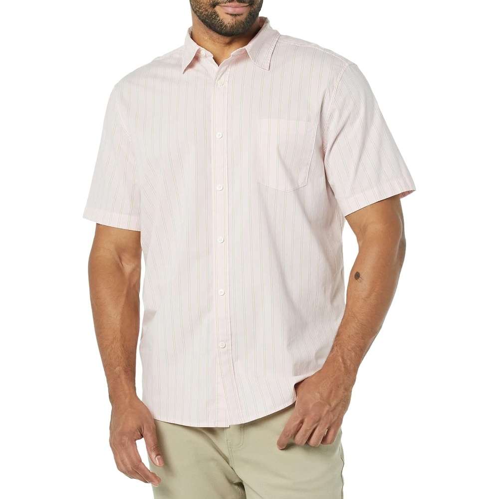 image:imageAmazon Essentials Mens Short Sleeve Dress Shirt with Stretch Charcoal White Vertical Stripe Available in Big amp TallPink Awning Stripe
