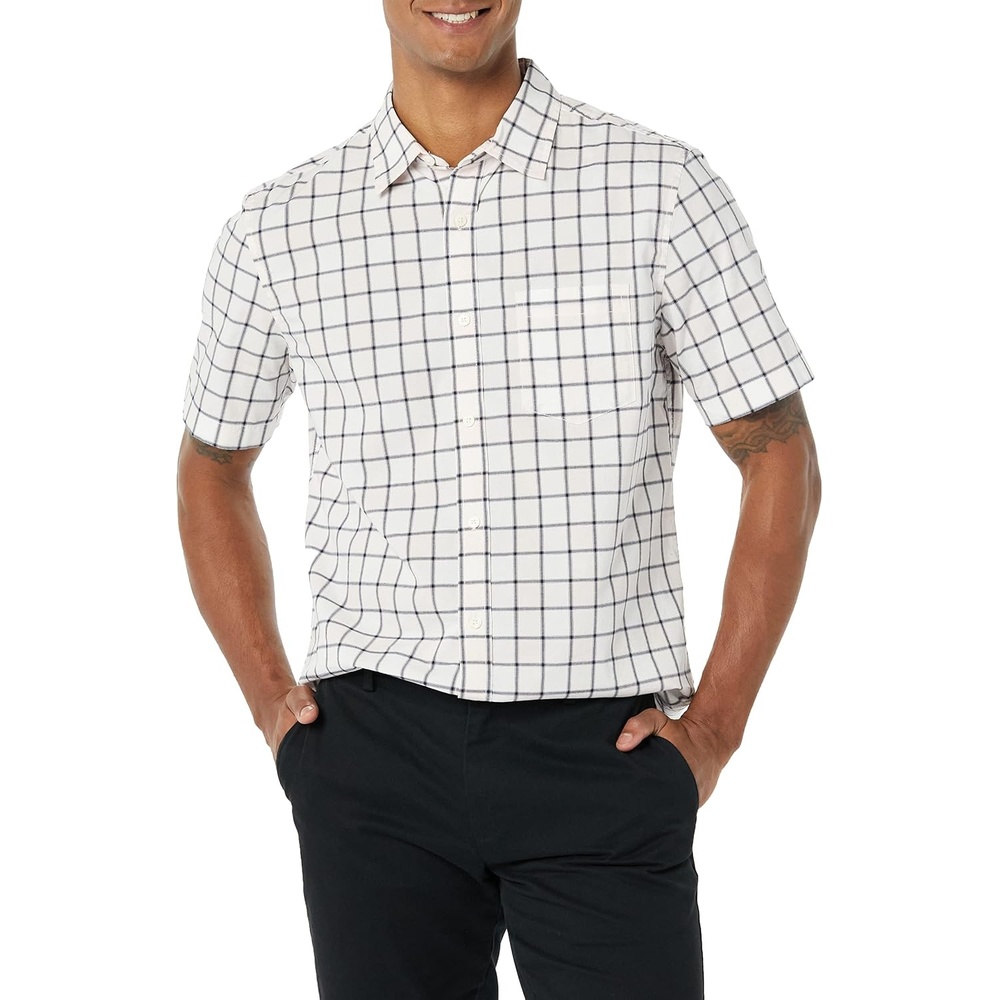image:imageAmazon Essentials Mens Short Sleeve Dress Shirt with Stretch Charcoal White Vertical Stripe Available in Big amp TallPink White Buffalo Plaid