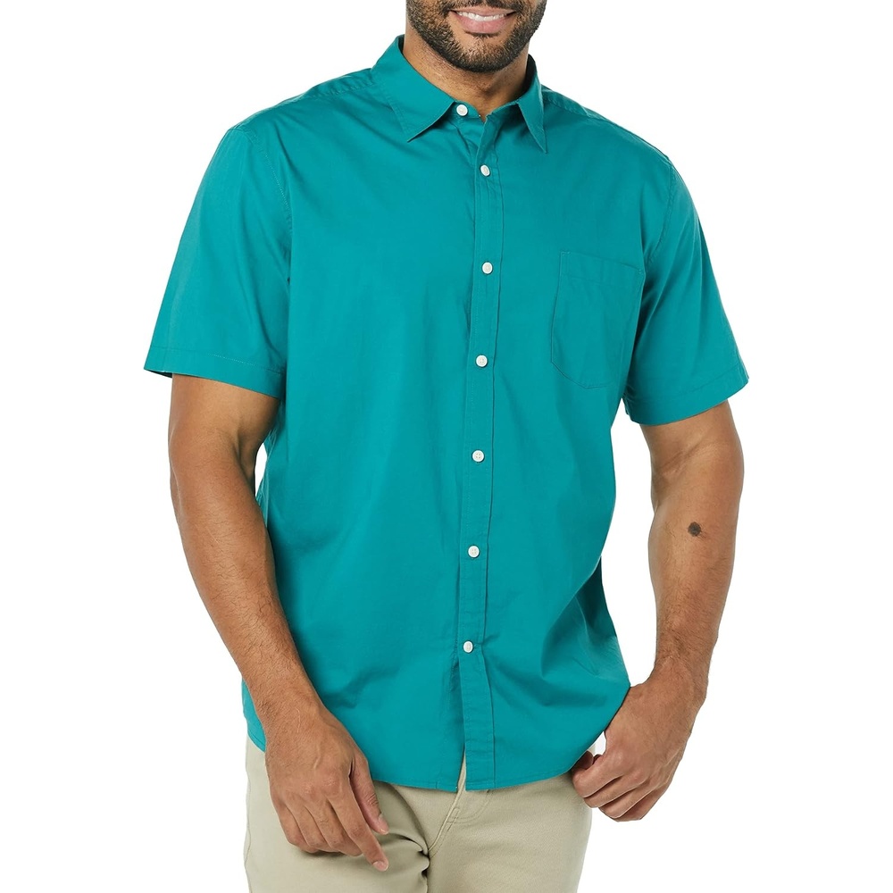 image:imageAmazon Essentials Mens Short Sleeve Dress Shirt with Stretch Charcoal White Vertical Stripe Available in Big amp TallTeal