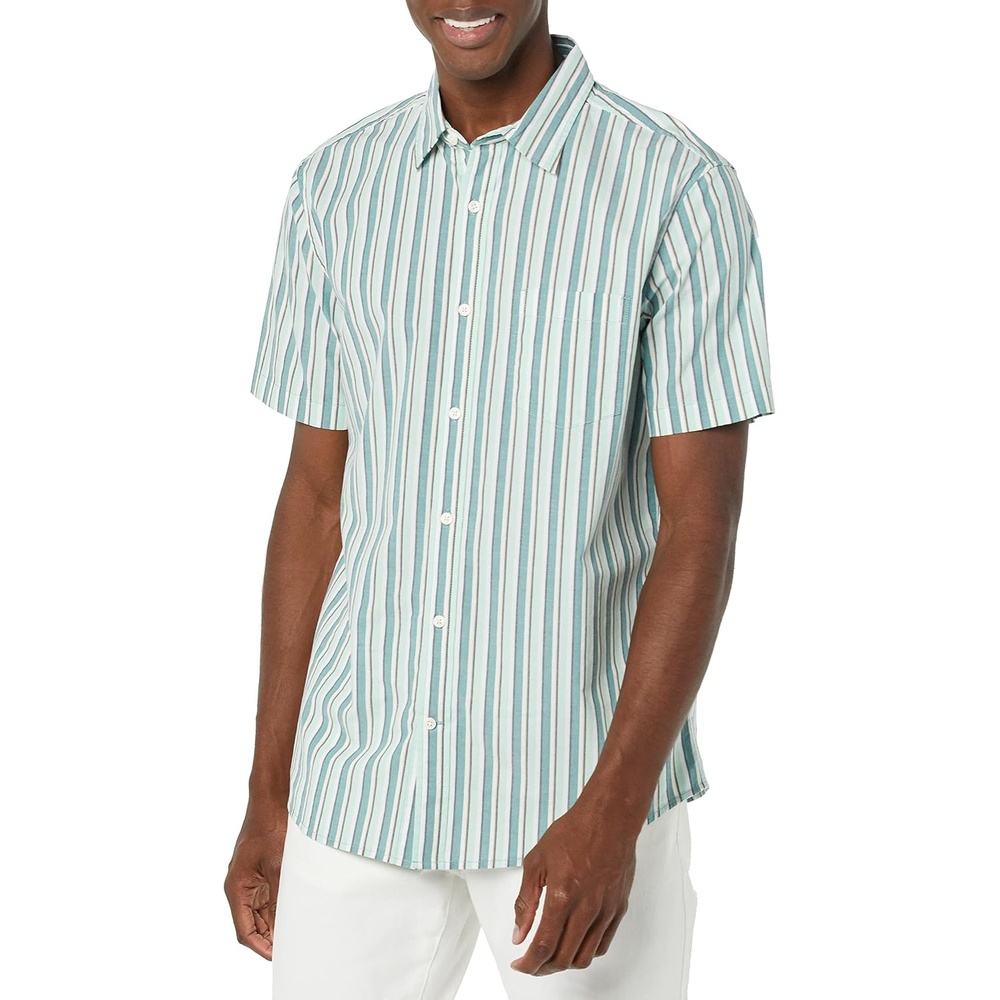 image:imageAmazon Essentials Mens Short Sleeve Dress Shirt with Stretch Charcoal White Vertical Stripe Available in Big amp TallTealMulticolor Stripe