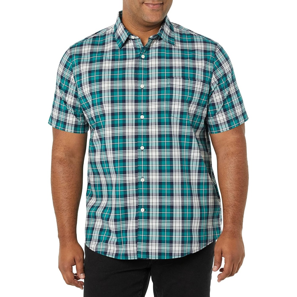 image:imageAmazon Essentials Mens Short Sleeve Dress Shirt with Stretch Charcoal White Vertical Stripe Available in Big amp TallTealWhite Plaid