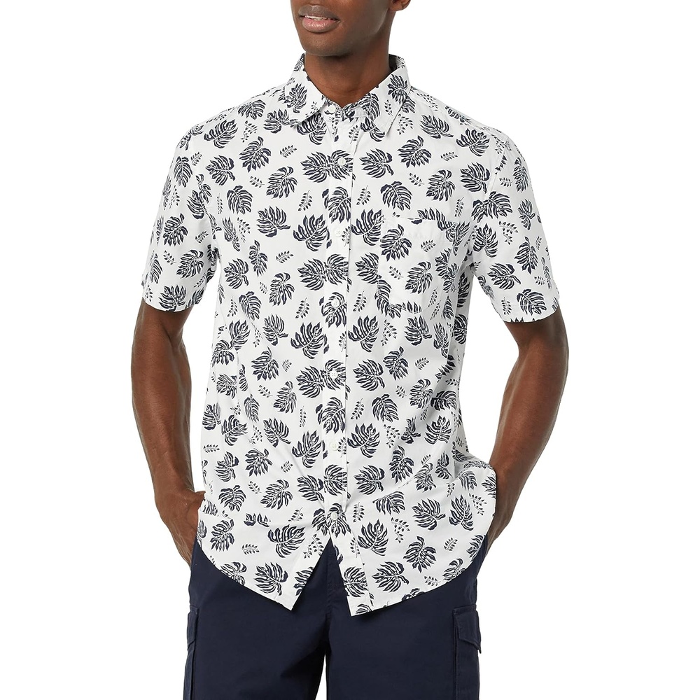 image:imageAmazon Essentials Mens Short Sleeve Dress Shirt with Stretch Charcoal White Vertical Stripe Available in Big amp TallWhiteNavy Palm