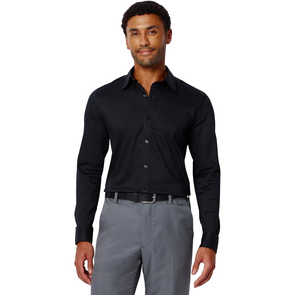image:imageAmazon Essentials Mens Slim Fit Long Sleeve Wrinkle Resistant Stretch Dress ShirtBlack
