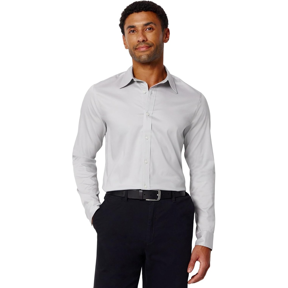 image:imageAmazon Essentials Mens Slim Fit Long Sleeve Wrinkle Resistant Stretch Dress ShirtGrey