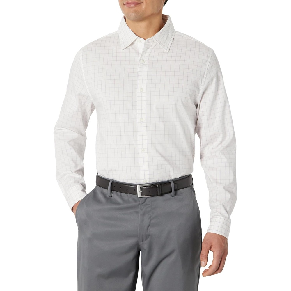 image:imageAmazon Essentials Mens Slim Fit Long Sleeve Wrinkle Resistant Stretch Dress ShirtLavender White Windowpane