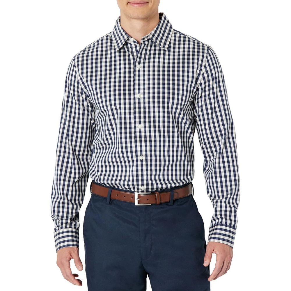 image:imageAmazon Essentials Mens Slim Fit Long Sleeve Wrinkle Resistant Stretch Dress ShirtWhite Gingham