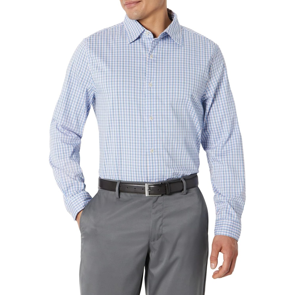 image:imageAmazon Essentials Mens Slim Fit Long Sleeve Wrinkle Resistant Stretch Dress ShirtWhite Grid Check