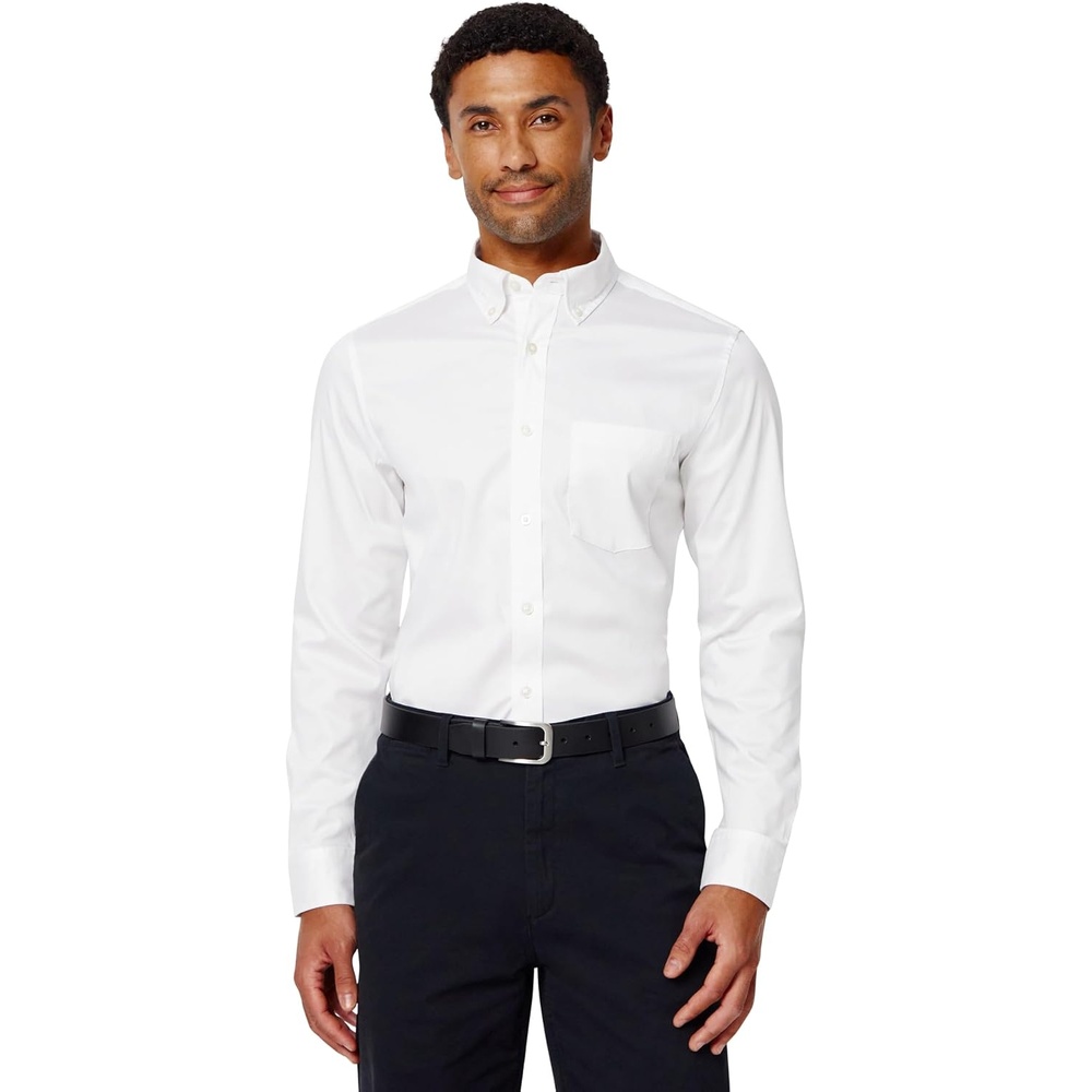 image:imageAmazon Essentials Mens Slim Fit Stretch Wrinkle Free Button Down Collar Dress ShirtWhite