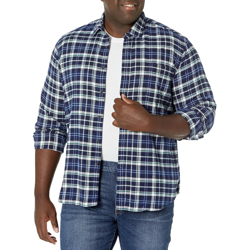image:imageAmazon Essentials Mens SlimFit Brushed Cotton Flannel Shirt Long Sleeve Button Down Collared PlaidBlack Green White Plaid