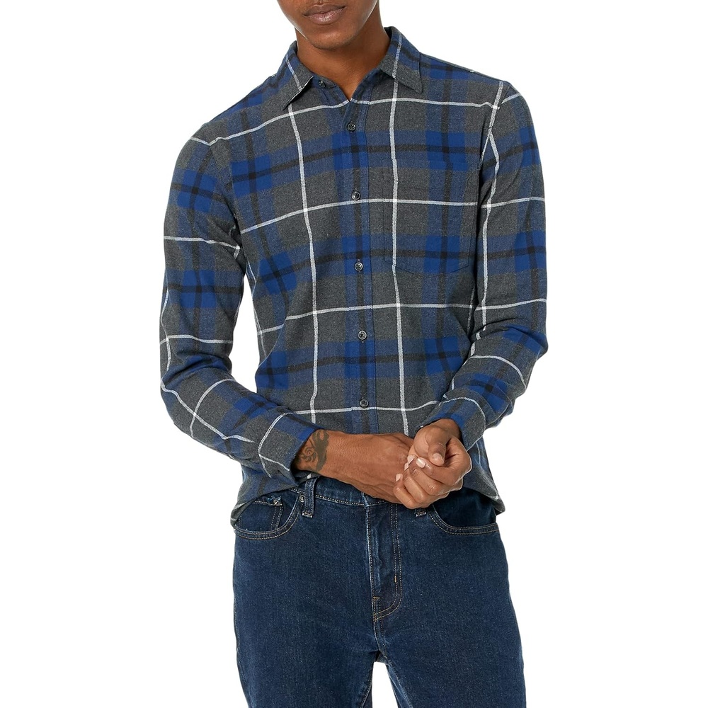 image:imageAmazon Essentials Mens SlimFit Brushed Cotton Flannel Shirt Long Sleeve Button Down Collared PlaidBlue Charcoal Heather Plaid