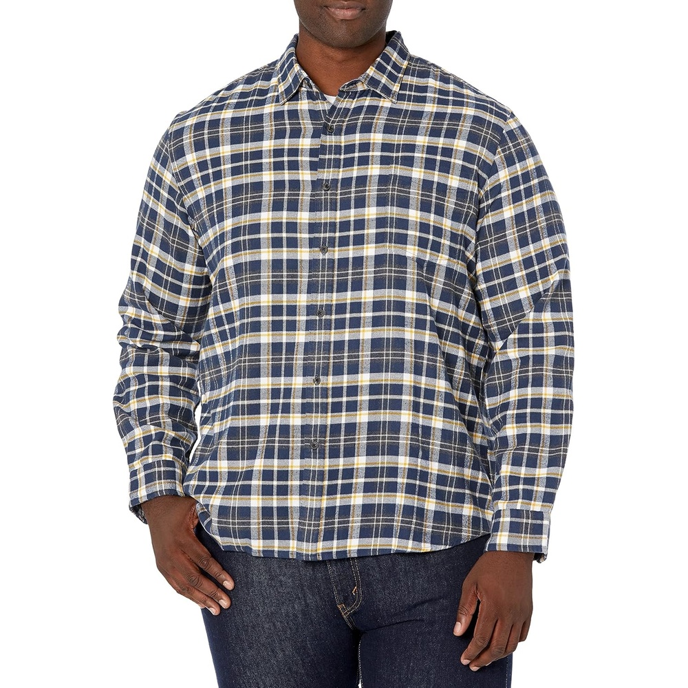 image:imageAmazon Essentials Mens SlimFit Brushed Cotton Flannel Shirt Long Sleeve Button Down Collared PlaidBlue Gold White Plaid