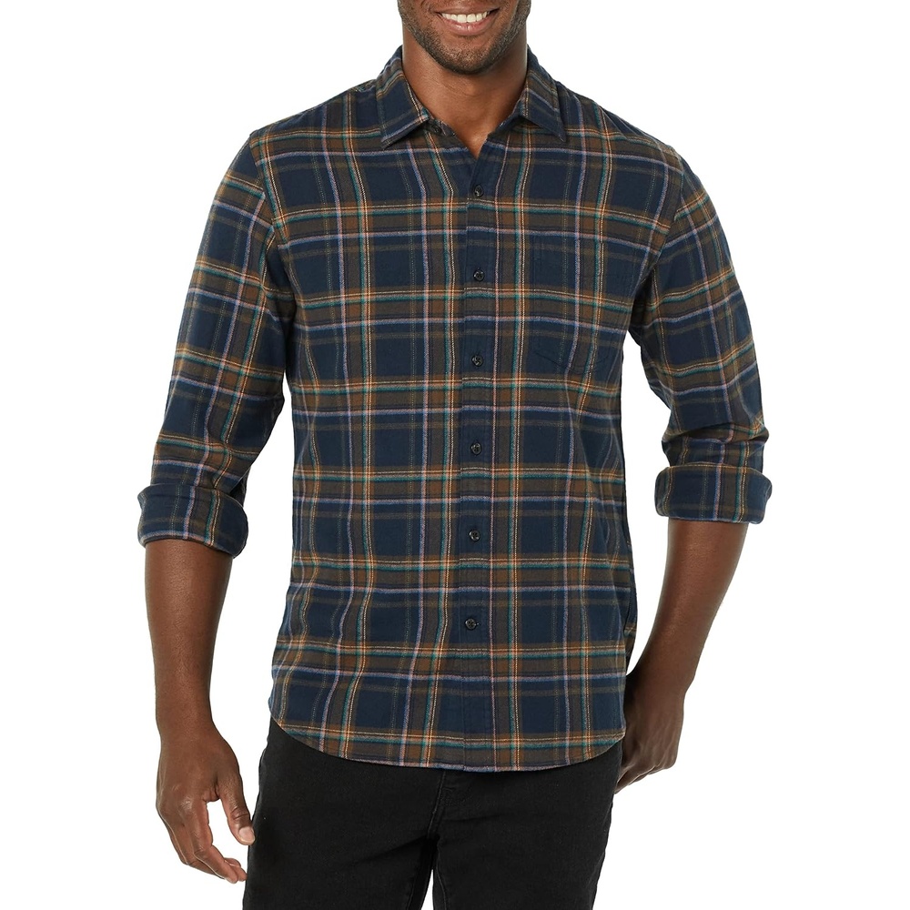 image:imageAmazon Essentials Mens SlimFit Brushed Cotton Flannel Shirt Long Sleeve Button Down Collared PlaidBrown Dark Navy Plaid