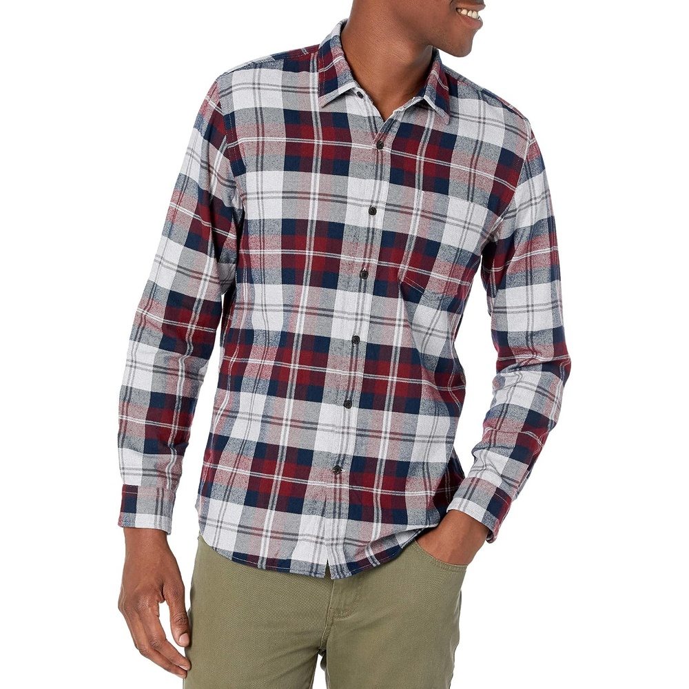 image:imageAmazon Essentials Mens SlimFit Brushed Cotton Flannel Shirt Long Sleeve Button Down Collared PlaidBurgundy Grey Plaid