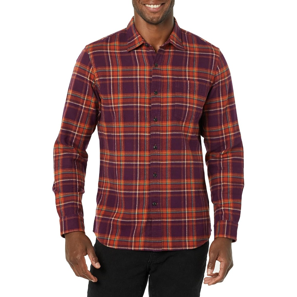 image:imageAmazon Essentials Mens SlimFit Brushed Cotton Flannel Shirt Long Sleeve Button Down Collared PlaidBurgundy Orange Plaid