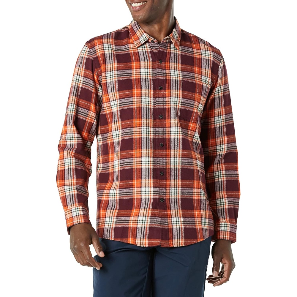 image:imageAmazon Essentials Mens SlimFit Brushed Cotton Flannel Shirt Long Sleeve Button Down Collared PlaidBurgundy Orange White Plaid