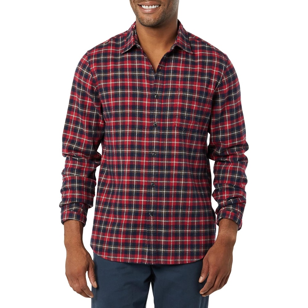 image:imageAmazon Essentials Mens SlimFit Brushed Cotton Flannel Shirt Long Sleeve Button Down Collared PlaidDark Red Plaid