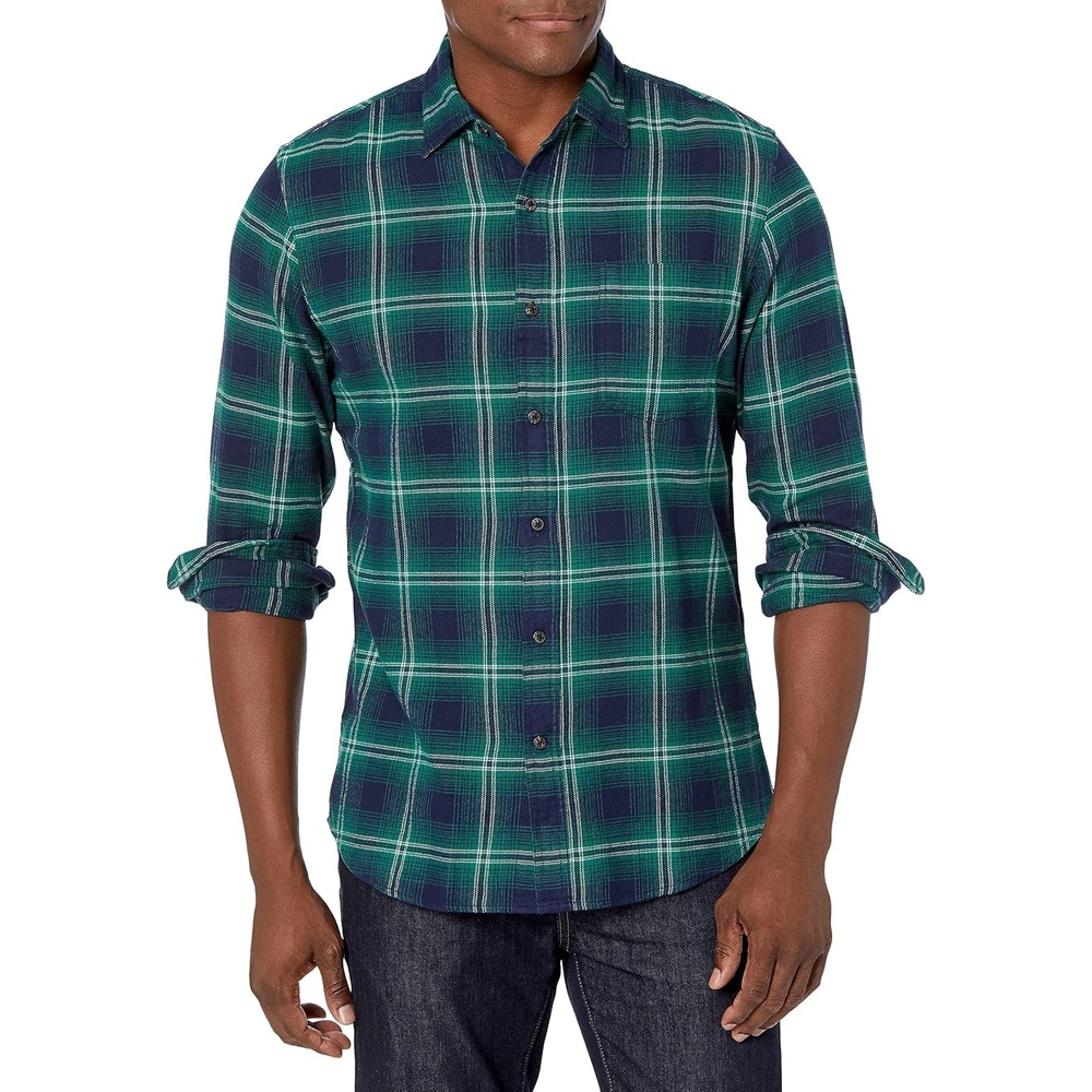 image:imageAmazon Essentials Mens SlimFit Brushed Cotton Flannel Shirt Long Sleeve Button Down Collared PlaidGreen Navy Plaid
