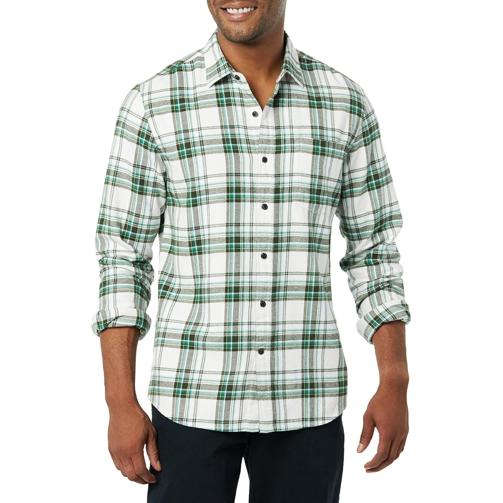 image:imageAmazon Essentials Mens SlimFit Brushed Cotton Flannel Shirt Long Sleeve Button Down Collared PlaidGreen White Plaid