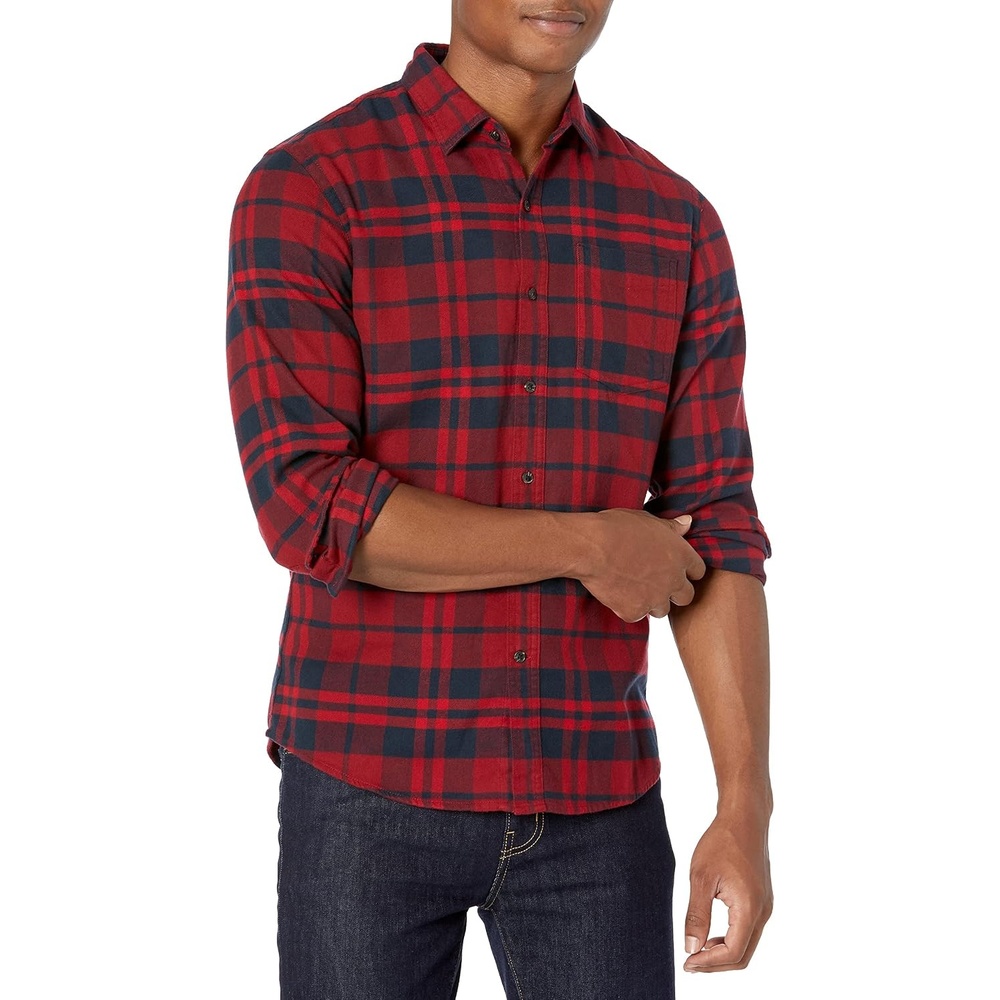 image:imageAmazon Essentials Mens SlimFit Brushed Cotton Flannel Shirt Long Sleeve Button Down Collared PlaidNavy Red Plaid