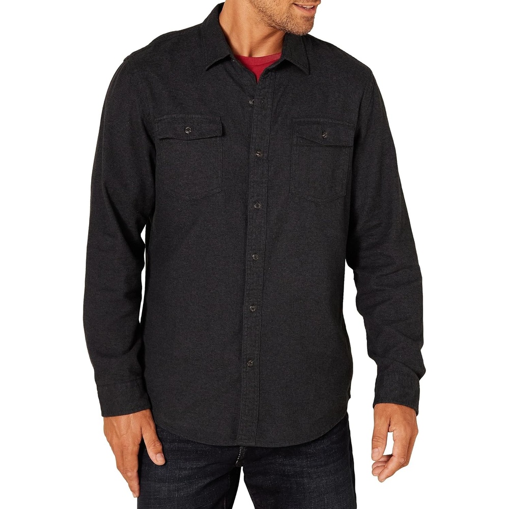 image:imageAmazon Essentials Mens SlimFit Flannel LongSleeve Shirt TwoPocket PlaidBlack