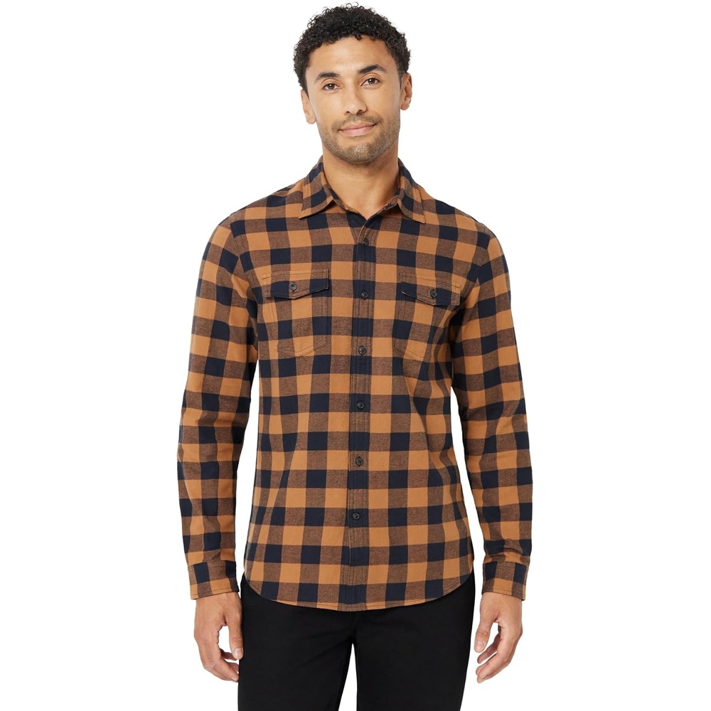 image:imageAmazon Essentials Mens SlimFit Flannel LongSleeve Shirt TwoPocket PlaidBlack Toffee Brown Buffalo Check