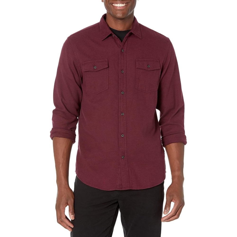 image:imageAmazon Essentials Mens SlimFit Flannel LongSleeve Shirt TwoPocket PlaidBurgundy Heather