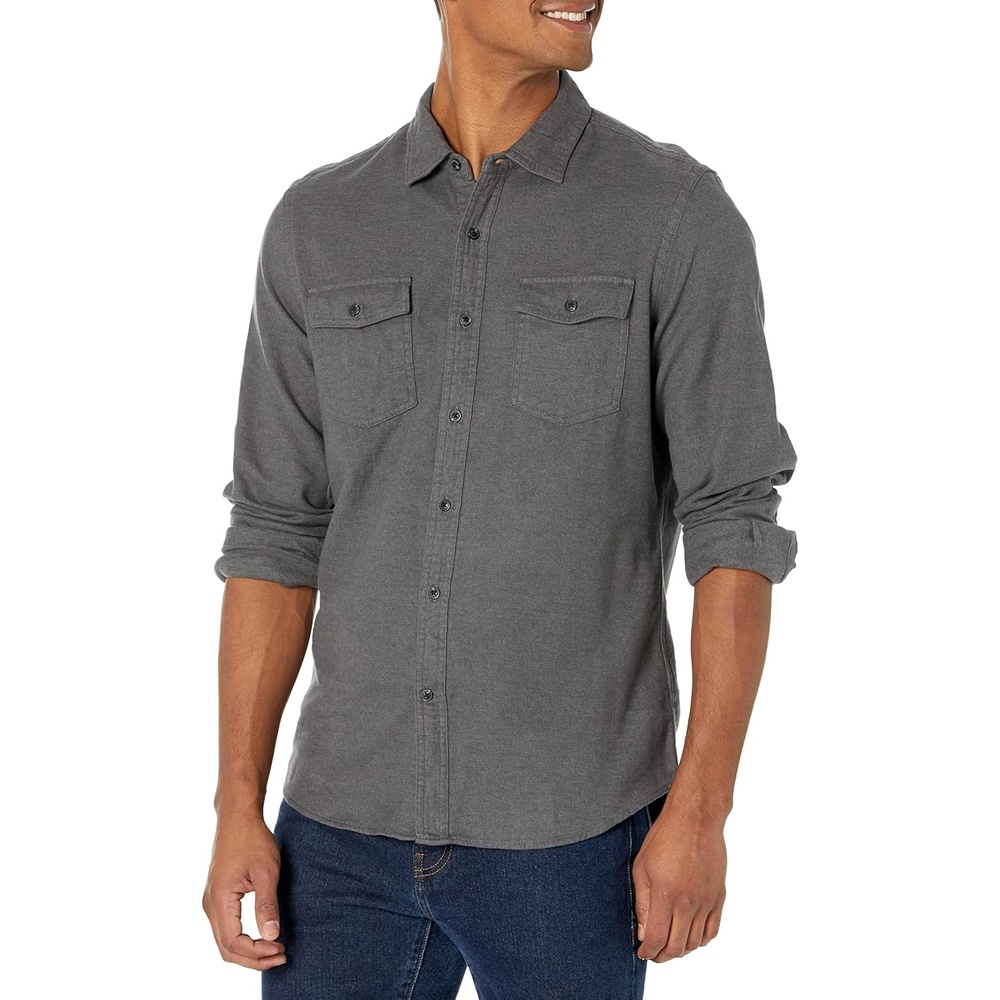 image:imageAmazon Essentials Mens SlimFit Flannel LongSleeve Shirt TwoPocket PlaidCharcoal Heather