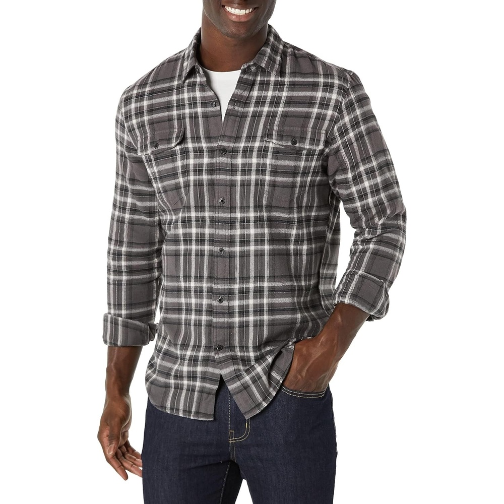 image:imageAmazon Essentials Mens SlimFit Flannel LongSleeve Shirt TwoPocket PlaidGrey Plaid